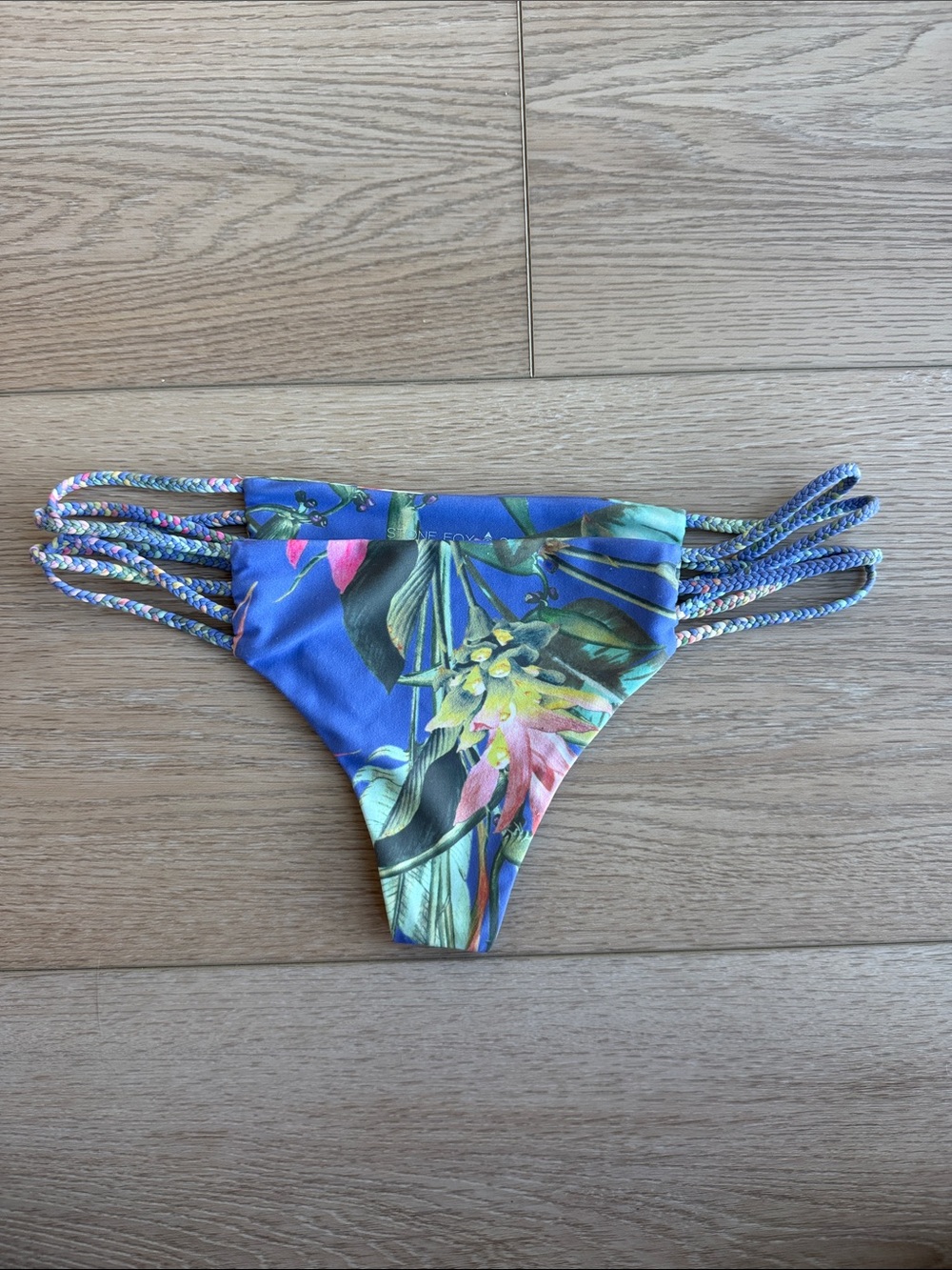 Stone Fox Swim Blue Tropical Floral Bikini Bottom with Braided Sides